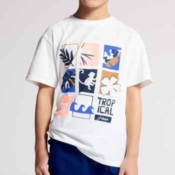 تيشيرت أبيض بأكمام قصيرة بنقش موضوع، للأولاد